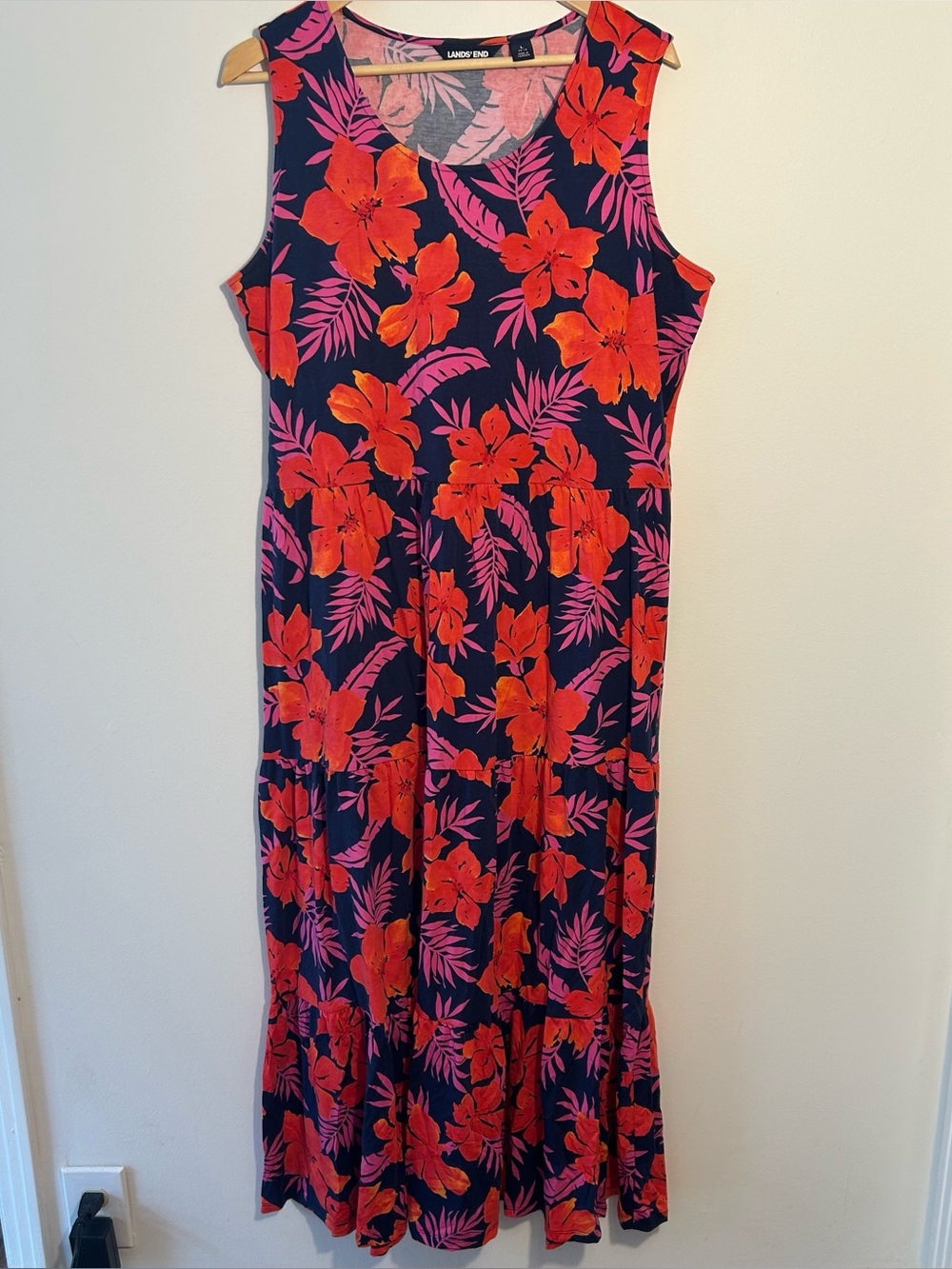 LANDS’ END Cottagecore Mint Gingham Check Tiered Maxi Dress Size Large 14 16